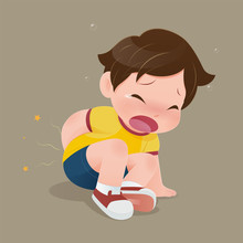 The Boy In Yellow Shirt Suffering From Pain In Ass, Illustration Of Child Have Accident Slipping On The Floor, Sad Kid Having Bruises On His Ass