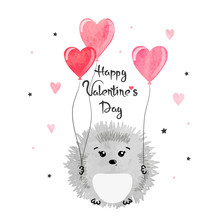 Valentines Day Card With Cute Watercolor Hedgehogs In Love With Heart Balloon.