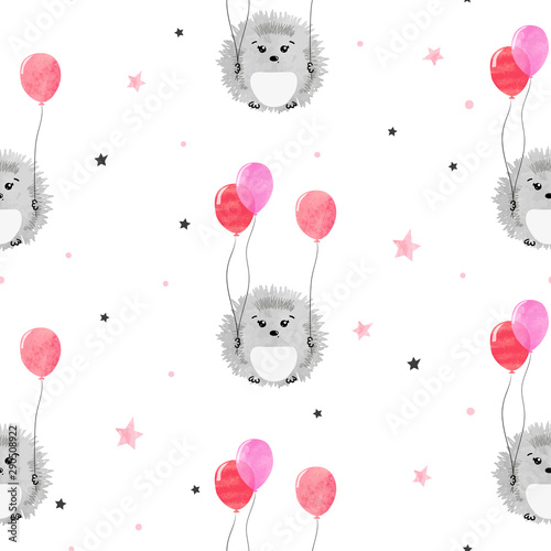 Seamless pattern with cute watercolor hedgehogs and balloons.