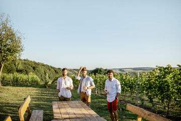 Wall Mural - Three guys dressed casually tasting wine while spending time together on the vineyard on a sunny summer morning, landscape view with copy space