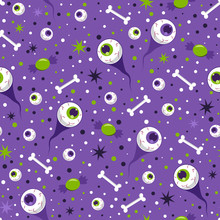 Halloween Eyeball Seamless Pattern On Purple Background. Halloween Pattern Background. Vector Illustration
