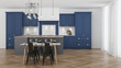 Modern house interior. Blue kitchen with a gray island. 3D rendering.