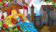 Cartoon Scene Of Rose Garden With Sleeping Princess Near Castle In The Background Illustration For Children