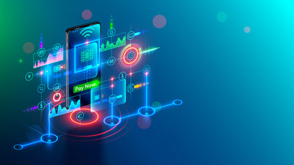 Leinwandbilder - NFC contactless payment technology in mobile phone. Virtual banking card pay via smartphone. Abstract interface of banking mobile application and services. Online shopping security. Conceptual banner.