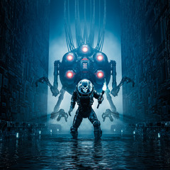 Wall Mural - entering the temple / 3d illustration of science fiction scene showing evil skull faced astronaut ex