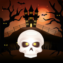 Sticker - skull dead with haunted castle in halloween scene