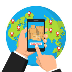 Poster - Hand holding smartphone with order tracking on the screen. Tracking online concept. Earth on the background. Vector flat illustration.