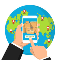 Poster - Hand holding smartphone with order tracking on the screen. Tracking online concept. Earth on the background. Vector flat illustration.