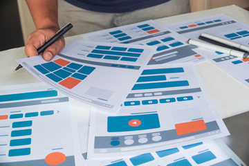 Poster - Website designer Creative planning application developer development draft sketch drawing template layout prototype framework wireframe design studio . User experience concept .