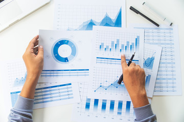 Poster - businessman working data document graph chart report marketing research development  planning management strategy analysis financial accounting. Business  office concept.