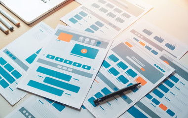 Poster - Website designer Creative planning application developer development draft sketch drawing template layout prototype framework wireframe design studio . User experience concept .