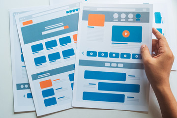 Poster - Website designer Creative planning application developer development draft sketch drawing template layout prototype framework wireframe design studio . User experience concept .