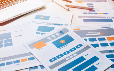 Poster - Website designer Creative planning application developer development draft sketch drawing template layout prototype framework wireframe design studio . User experience concept .