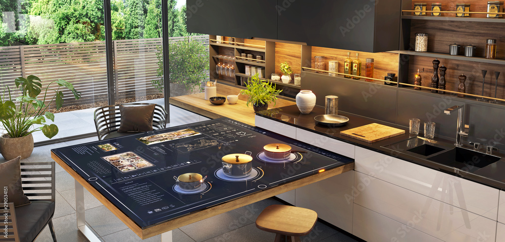 Beautiful and modern kitchen with smart home control panel Stock Photo ...