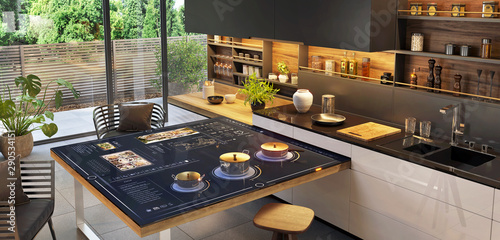 Beautiful and modern kitchen with smart home control panel