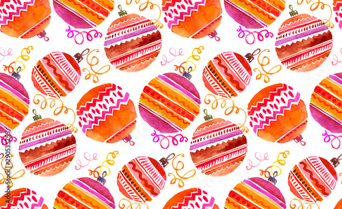 Fun cute xmas hand drawn red balls seamless pattern. Shabby style ball orname...