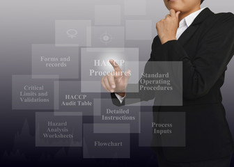 Wall Mural - Businesswoman with presentation element of HACCP Procedures concept for use in manufacturing and company system.