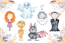 Watercolor Set With Cute Halloween Cartoon Characters