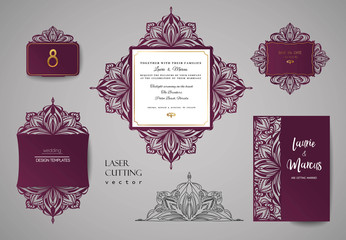 Wall Mural - Wedding invitation or greeting card with gold floral ornament. Wedding invitation envelope for laser cutting. Vector illustration.