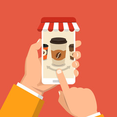 Poster - Hand holding smartphone with disposable coffee cup on the screen. Order food and drink concept. Flat vector illustration.
