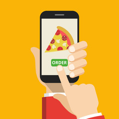 Poster - Hand holding smartphone with pizza on the screen. Order fast food concept. Flat vector illustration.