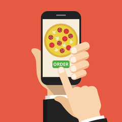 Poster - Hand holding smartphone with pizza on the screen. Order fast food concept. Flat vector illustration.