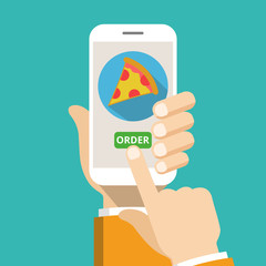 Poster - Hand holding smartphone with pizza on the screen. Order fast food concept. Flat vector illustration.