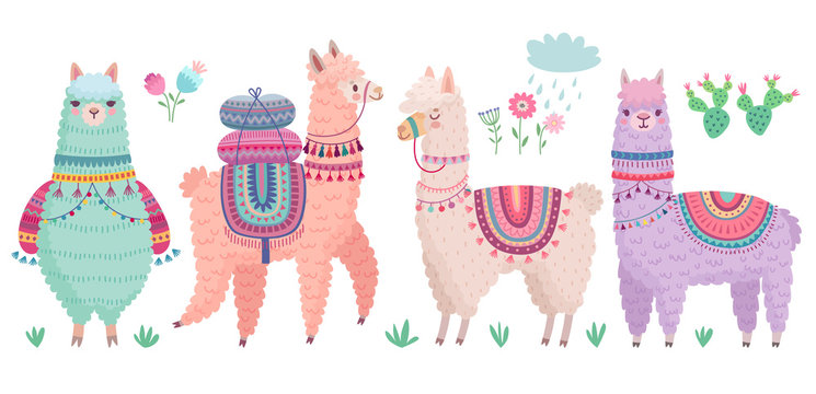 Fototapete - Cute Llamas with funny quotes. Funny hand drawn characters.