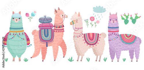 Cuadros en Lienzo Cute Llamas with funny quotes. Funny hand drawn characters.