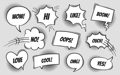 Fototapete - Comic book text speech bubble in pop art style with halftone shadows. Talk chat retro speak message with different expression text. Vector illustration, retro pop art style