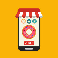 Poster - Smartphone with donut on the screen. Order fast food concept. Flat vector illustration.