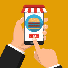 Poster - Hand holding smartphone with hamburger on the screen. Order fast food concept. Flat vector illustration.