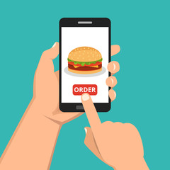 Poster - Hand holding smartphone with hamburger on the screen. Order fast food concept. Flat vector illustration.