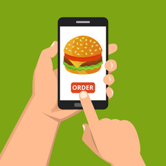 Poster - Hand holding smartphone with hamburger on the screen. Order fast food concept. Flat vector illustration.
