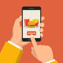 Poster - Hand holding smartphone with hamburger, french fries, cola on the screen. Order fast food concept. Flat vector illustration.