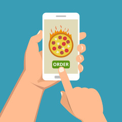Poster - Hand holding smartphone with pizza on the screen. Order fast food concept. Flat vector illustration.