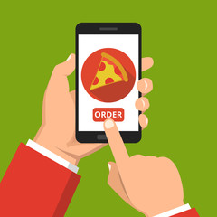 Poster - Hand holding smartphone with pizza on the screen. Order fast food concept. Flat vector illustration.