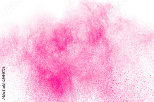 Pink powder explosion on white background.Pink dust splash cloud on background.