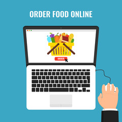 Poster - Laptop with food basket on screen. Buy groceries online, food delivery, internet shopping concepts. Vector flat illustration.