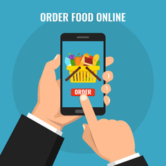 Poster - Order food online. Hand holding smartphone with food basket on the screen. Flat vector illustration.