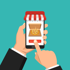 Poster - Order pizza online. Hand holding smartphone with pizza box on the screen. Order fast food concept. Flat vector illustration.