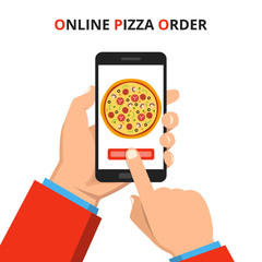 Poster - Online order pizza. Hand holding smartphone with round pizza on the screen. Order fast food concept. Flat vector illustration.