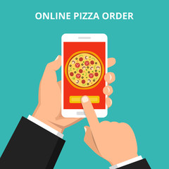 Poster - Online order pizza. Hand holding smartphone with round pizza on the screen. Order fast food concept. Flat vector illustration.
