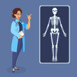 Woman doctor points her finger at the x-ray poster picture of the human body, skeleton. 