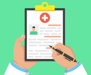 Poster - Doctor holding medical clipboard and takes notes on it. Medical report. Vector illustration.