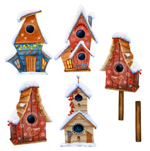 Set Of Cute Snow-covered Cartoon Birdhouses Hand Drawn In Watercolor Isolated On A White Background