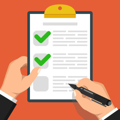 Poster - Hand with black pen and clipboard with green checklist. Fill form concept. Vector illustration.