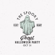 © createvil - Spooky Ghost Party Halloween Logo or Label Template. Hand Drawn Colorful Ghost Sketch Symbol with Retro Typography. Shabby Textures.