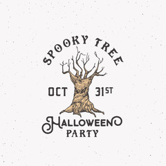 Wall Mural - spooky tree party halloween logo or label template. hand drawn colorful evil tree sketch symbol with