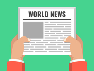 Poster - Hands holding newspaper. Daily business news gazette concept. Paper media tabloid concept. Flat cartoon style. Vector illustration.